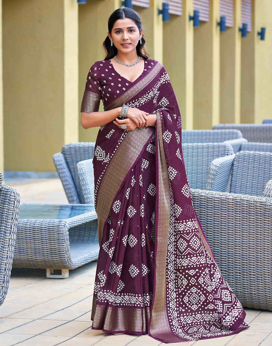 Wine Cotton Blend Printed Saree