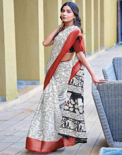 White Cotton Printed Saree