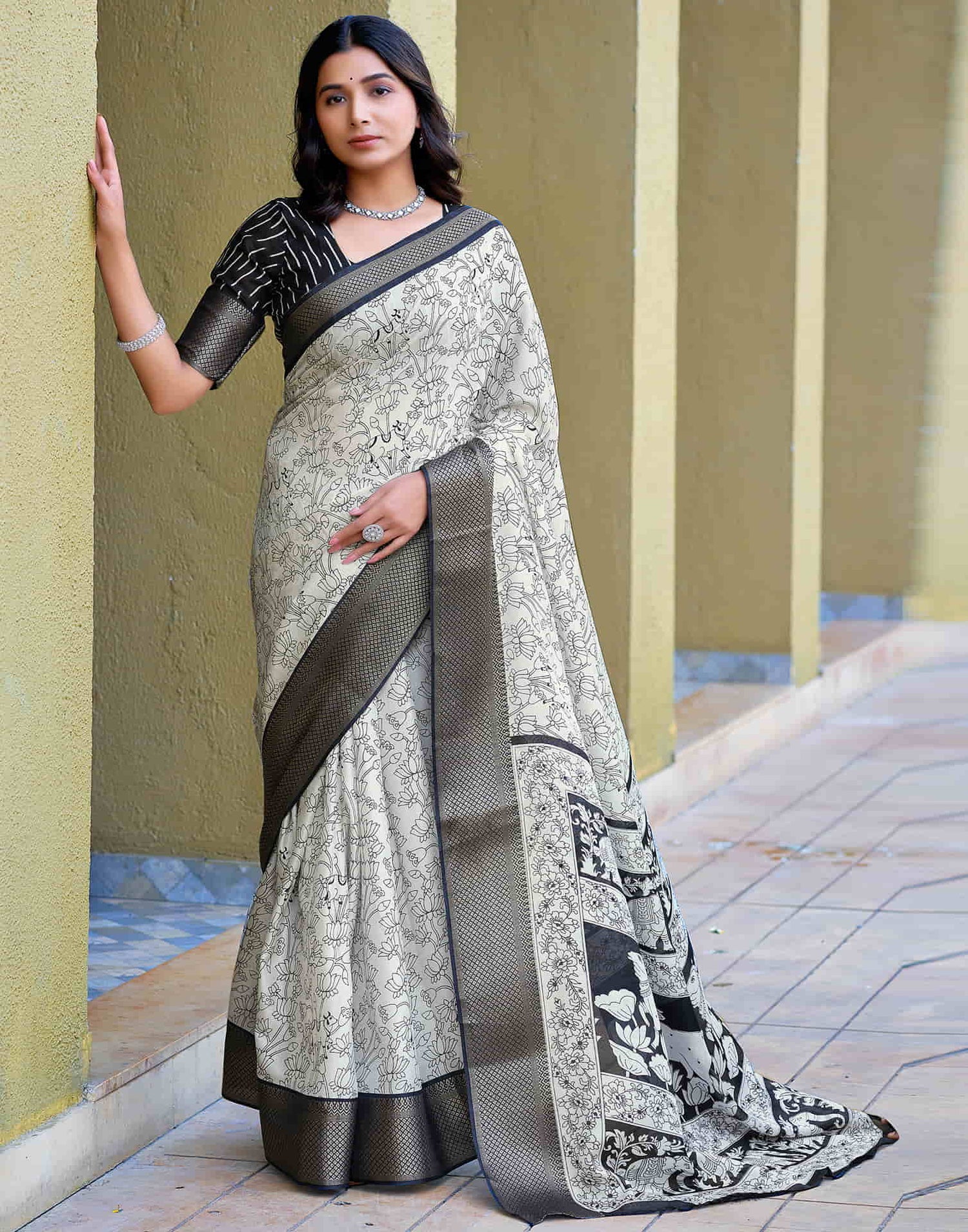 White Cotton Printed Saree