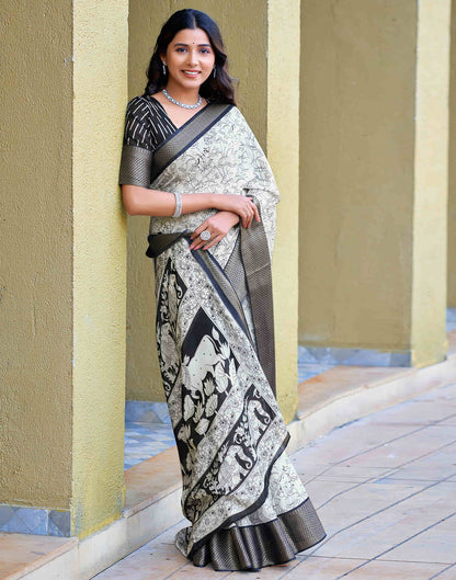 White Cotton Printed Saree