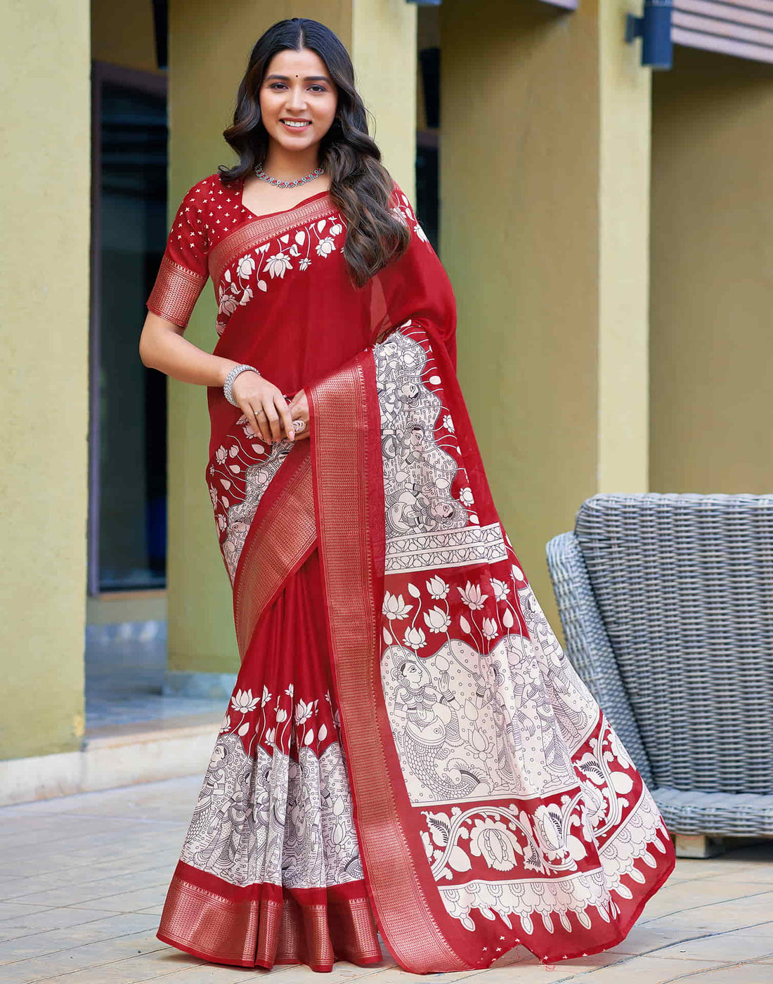 Red Cotton Blend Printed Saree