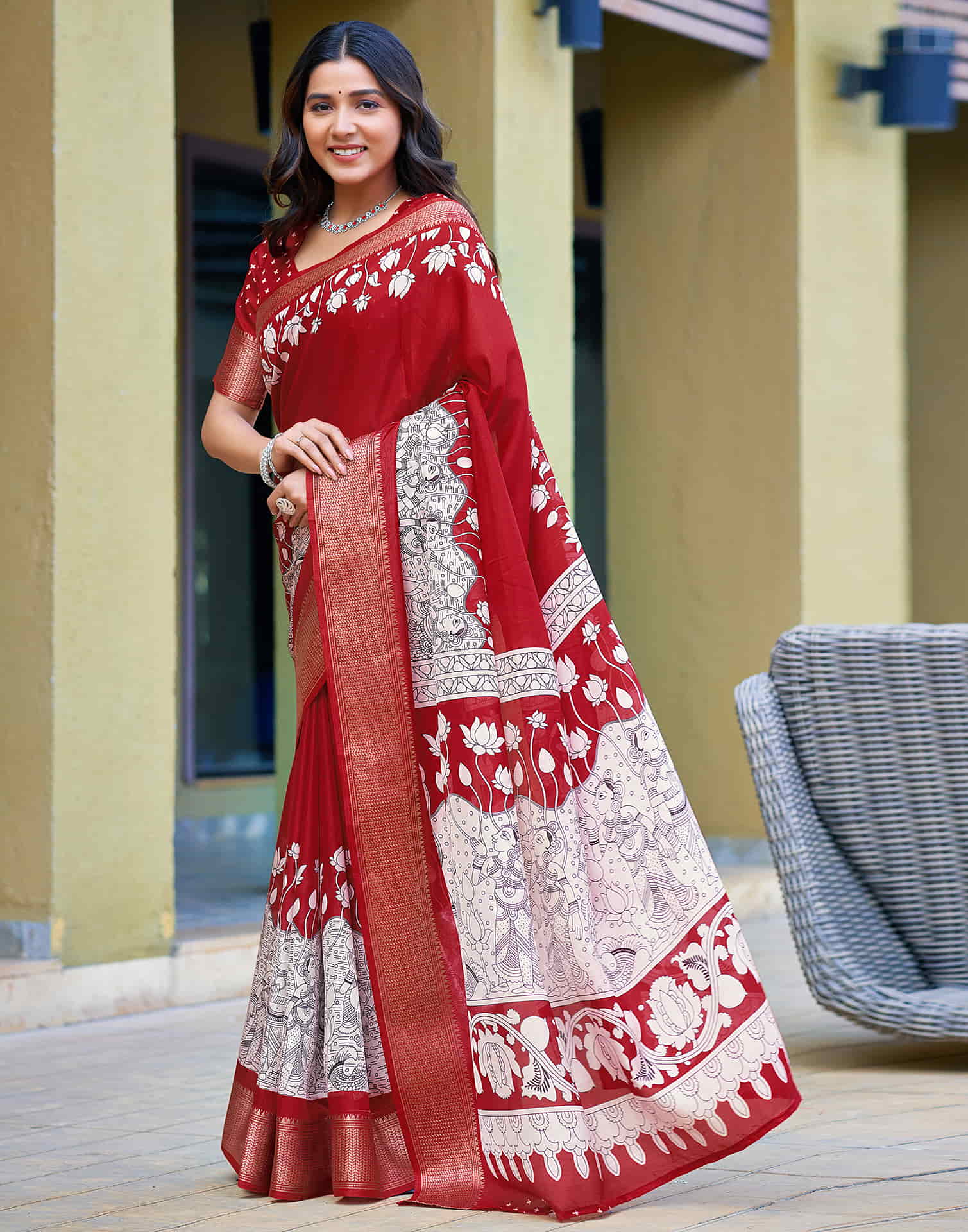 Red Cotton Printed Saree