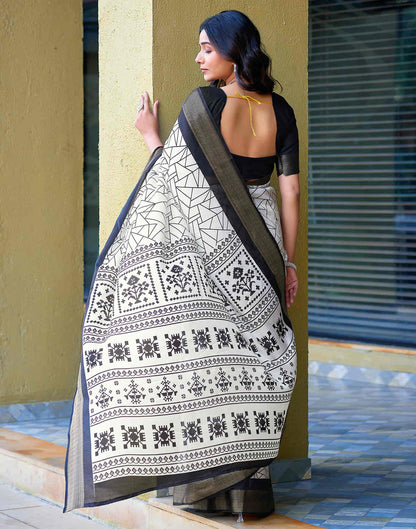 White Cotton Printed Saree