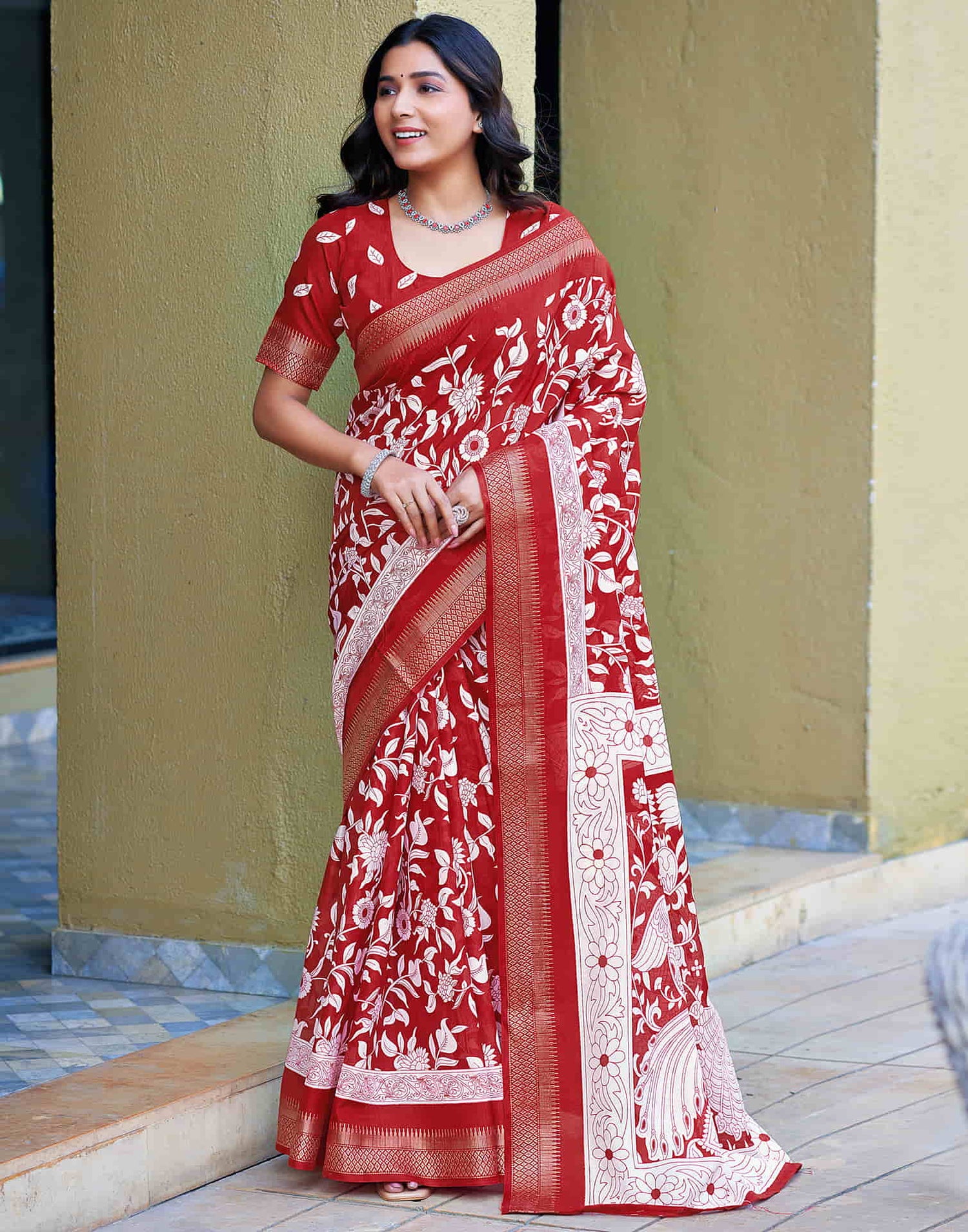 Red Cotton Printed Saree