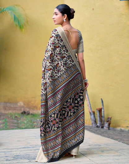 Beige Cotton Printed Saree