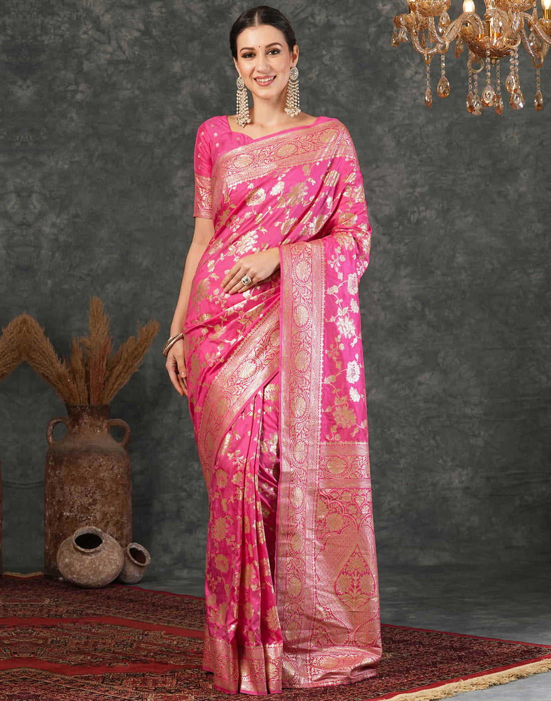 Pink Silk Woven Banarasi Saree