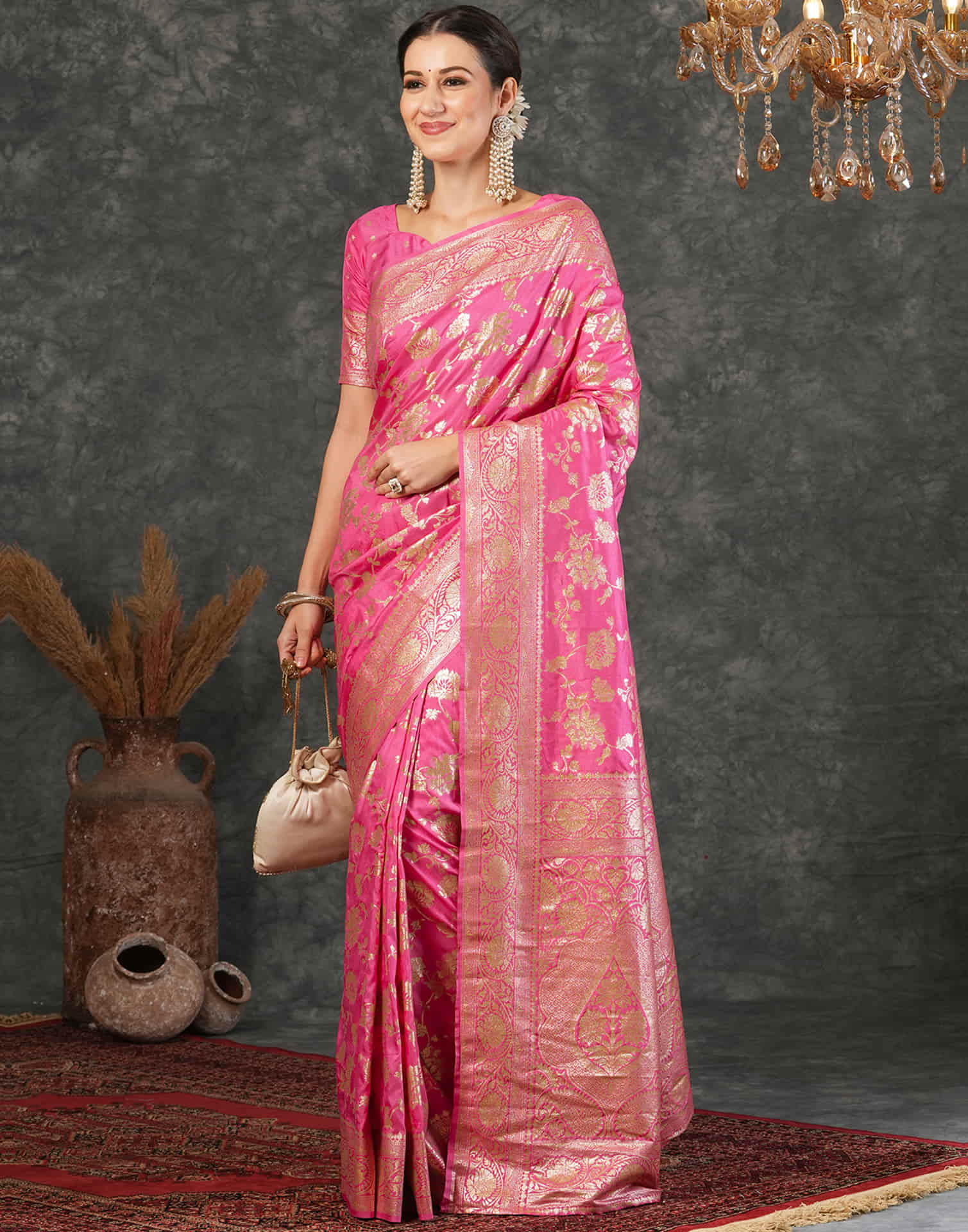 Pink Silk Woven Banarasi Saree