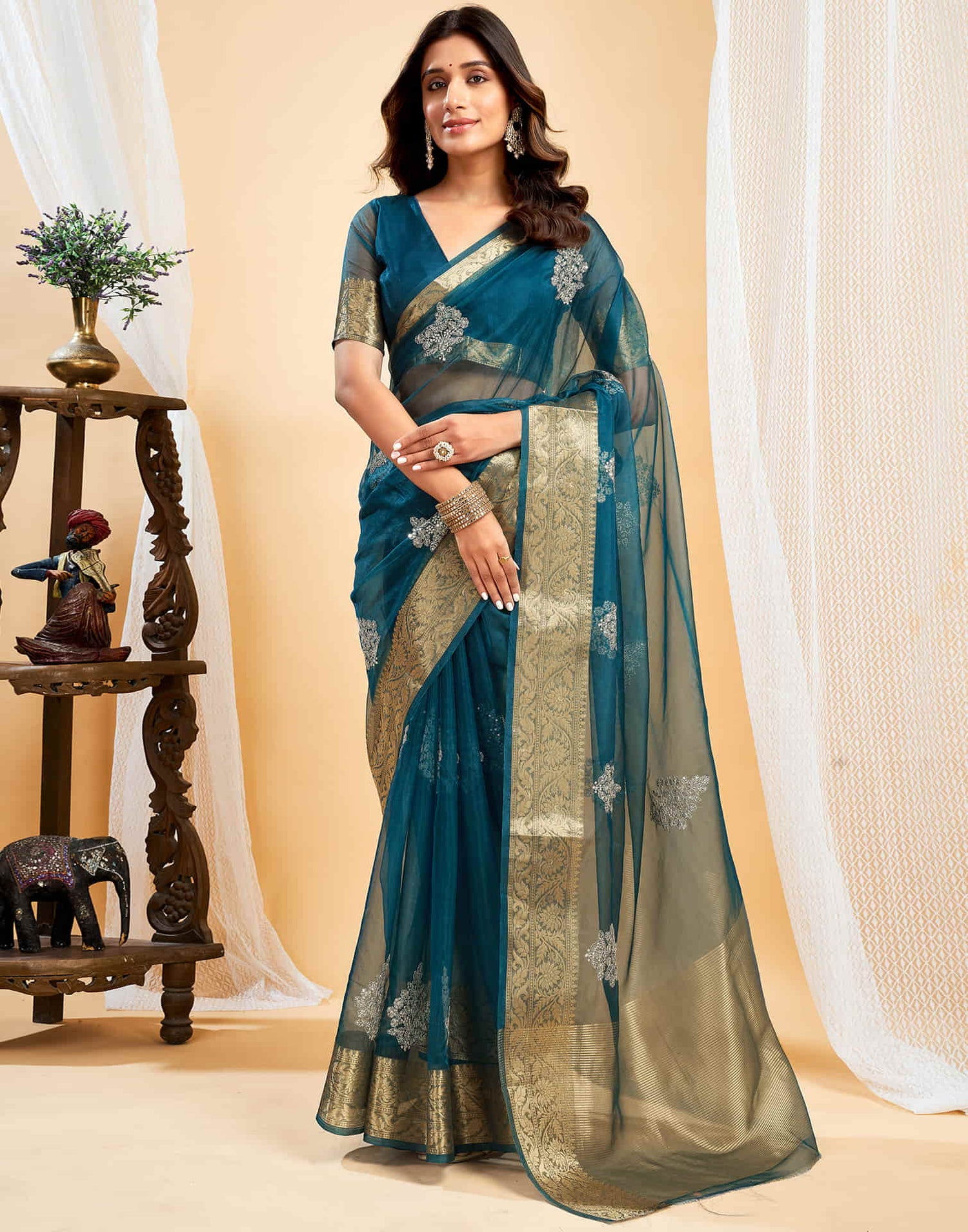 Teal Blue Organza Sequence  Embroidery Saree