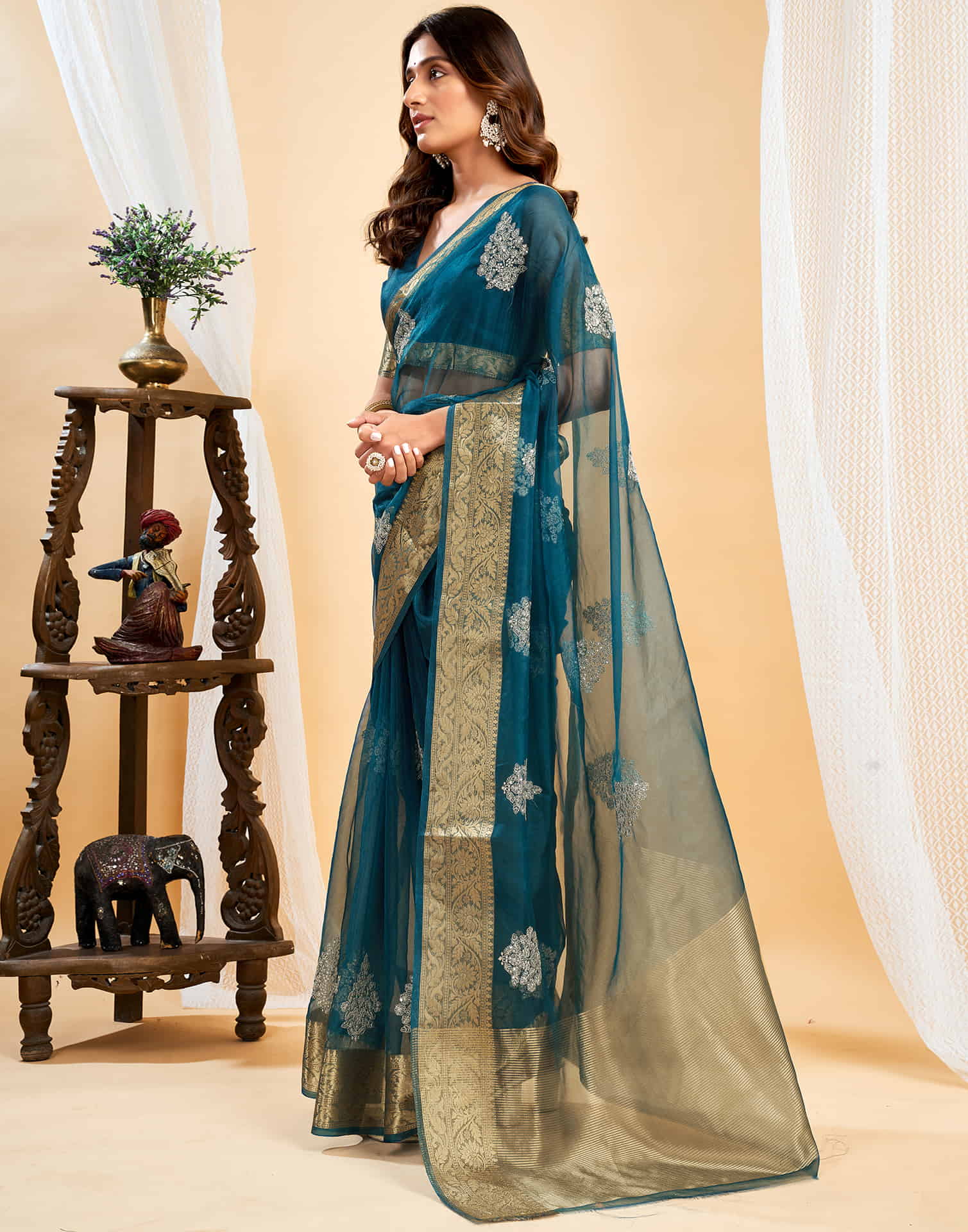 Teal Blue Organza Sequence  Embroidery Saree