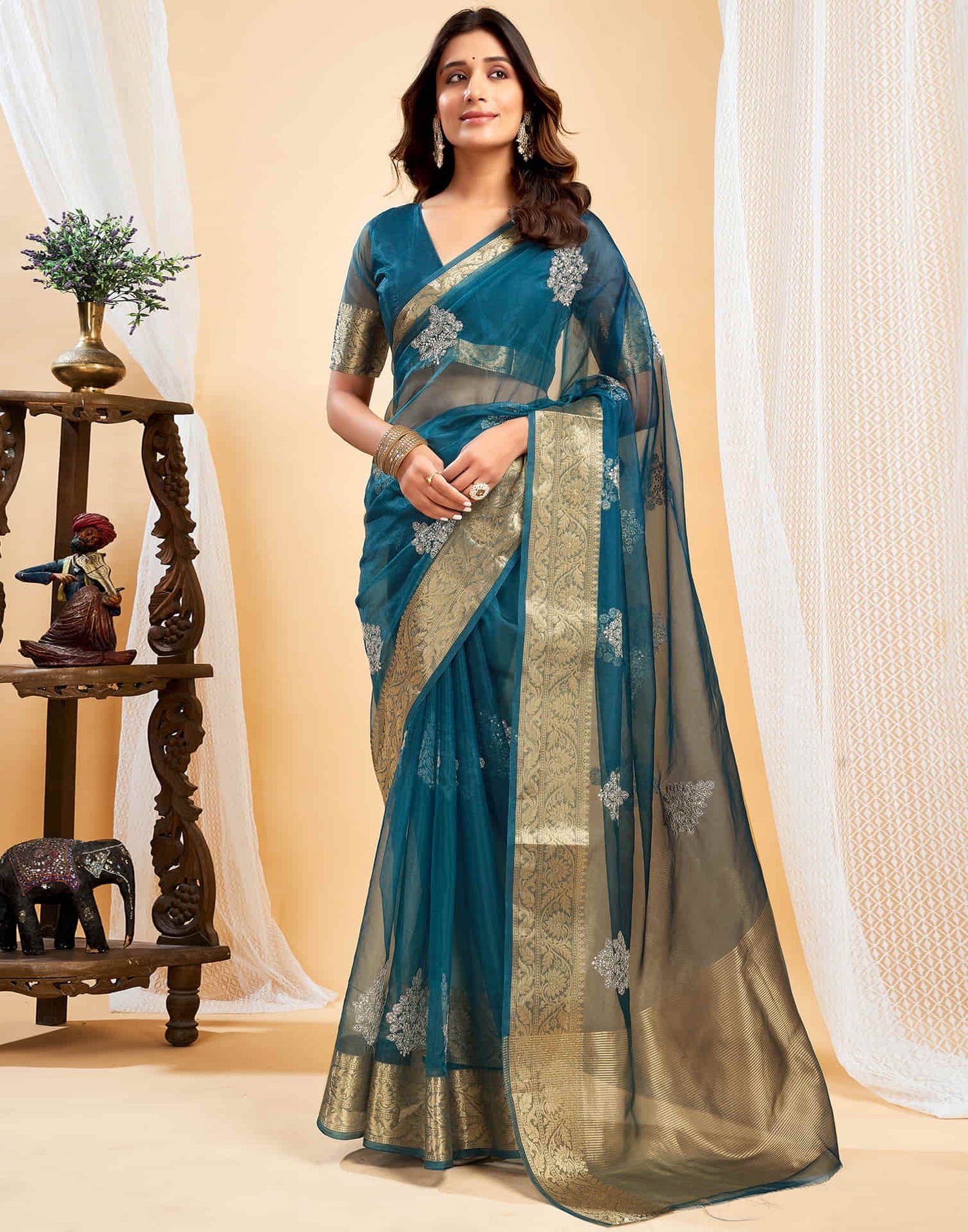 Teal Blue Organza Sequence  Embroidery Saree