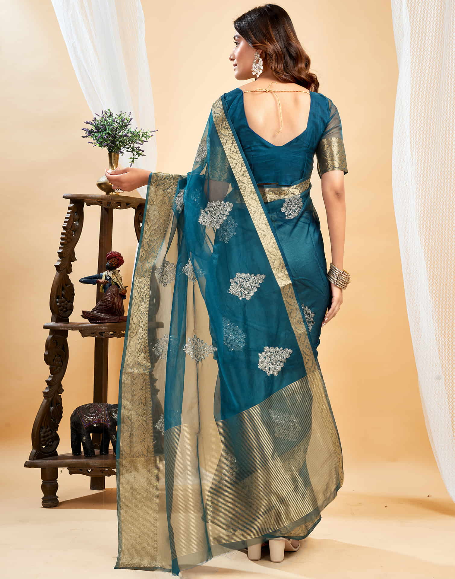 Teal Blue Organza Sequence  Embroidery Saree