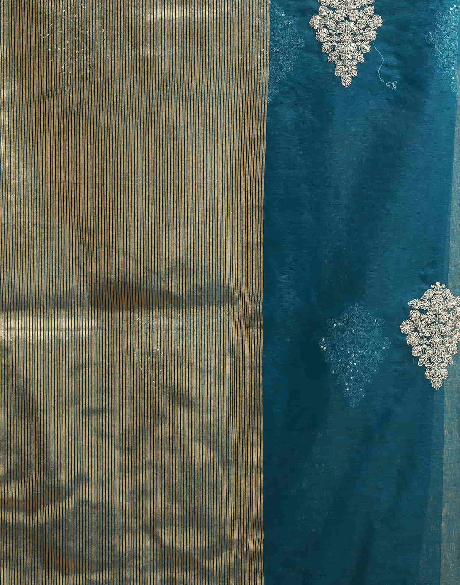 Teal Blue Organza Sequence  Embroidery Saree