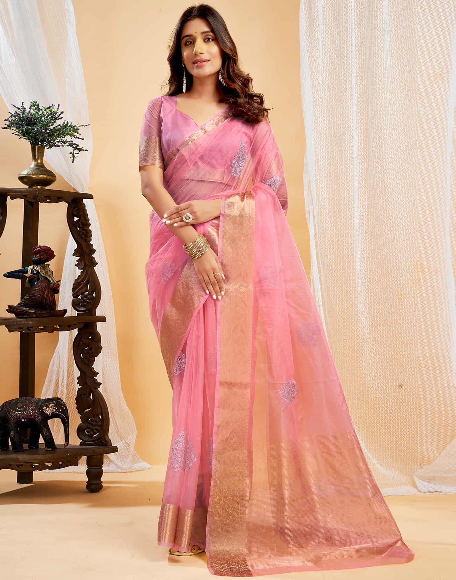 Pink Organza Sequence  Embroidery Saree