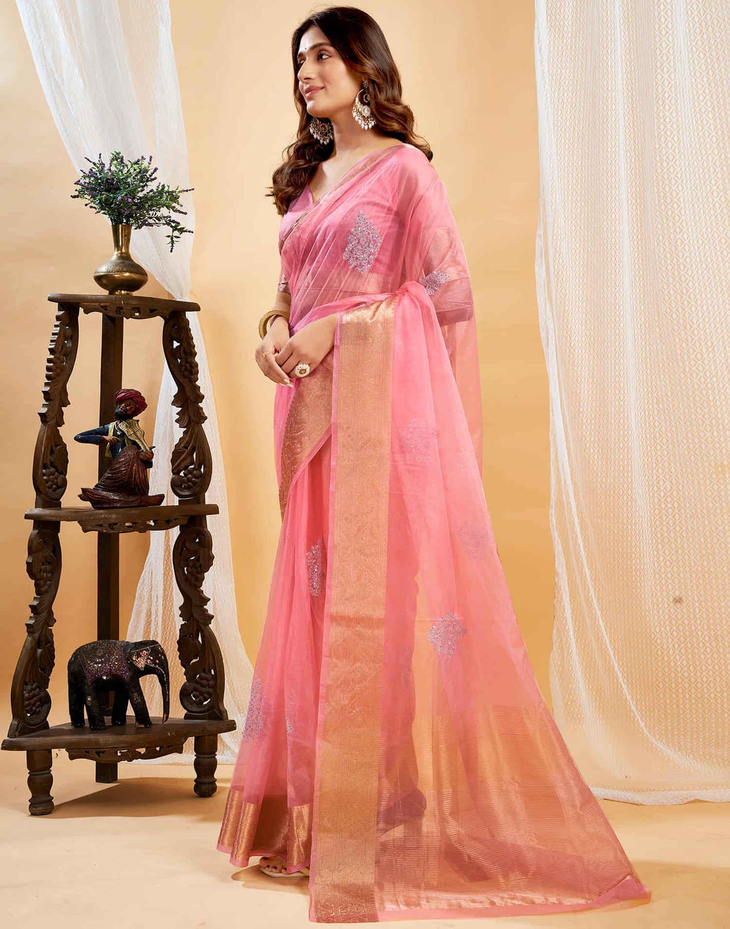 Pink Organza Sequence  Embroidery Saree