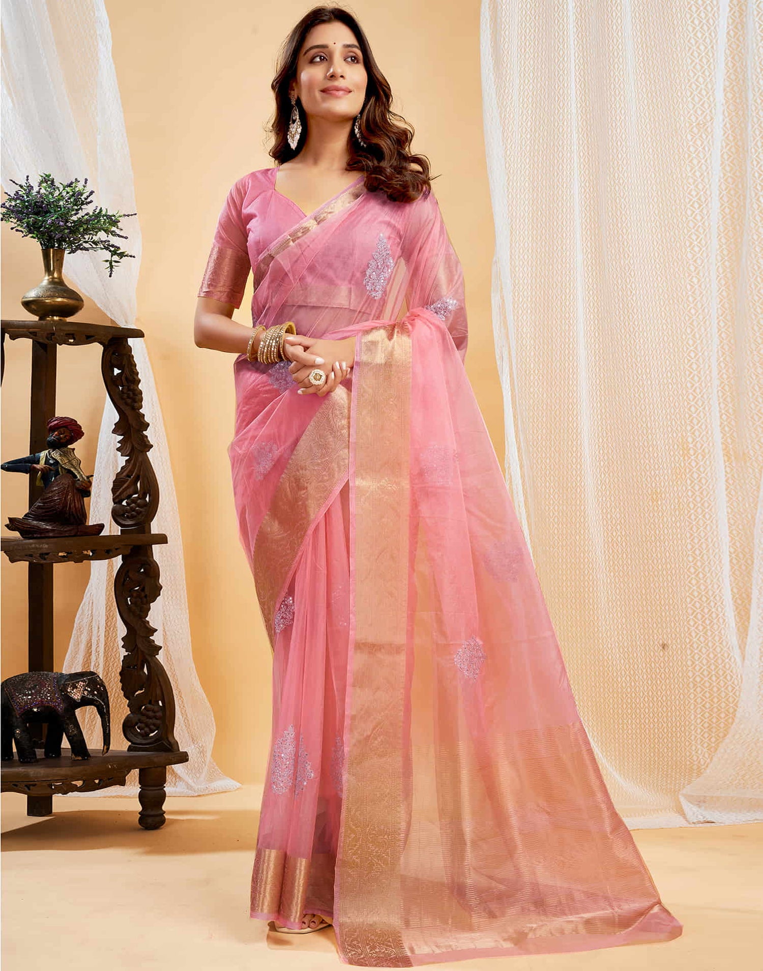 Pink Organza Sequence  Embroidery Saree