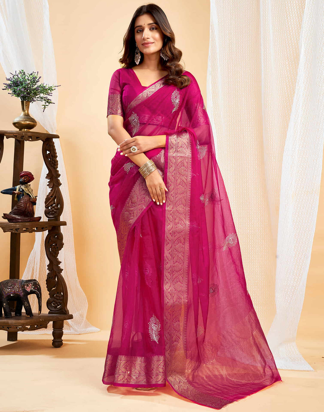 Rani Pink Organza Sequence  Embroidery Saree