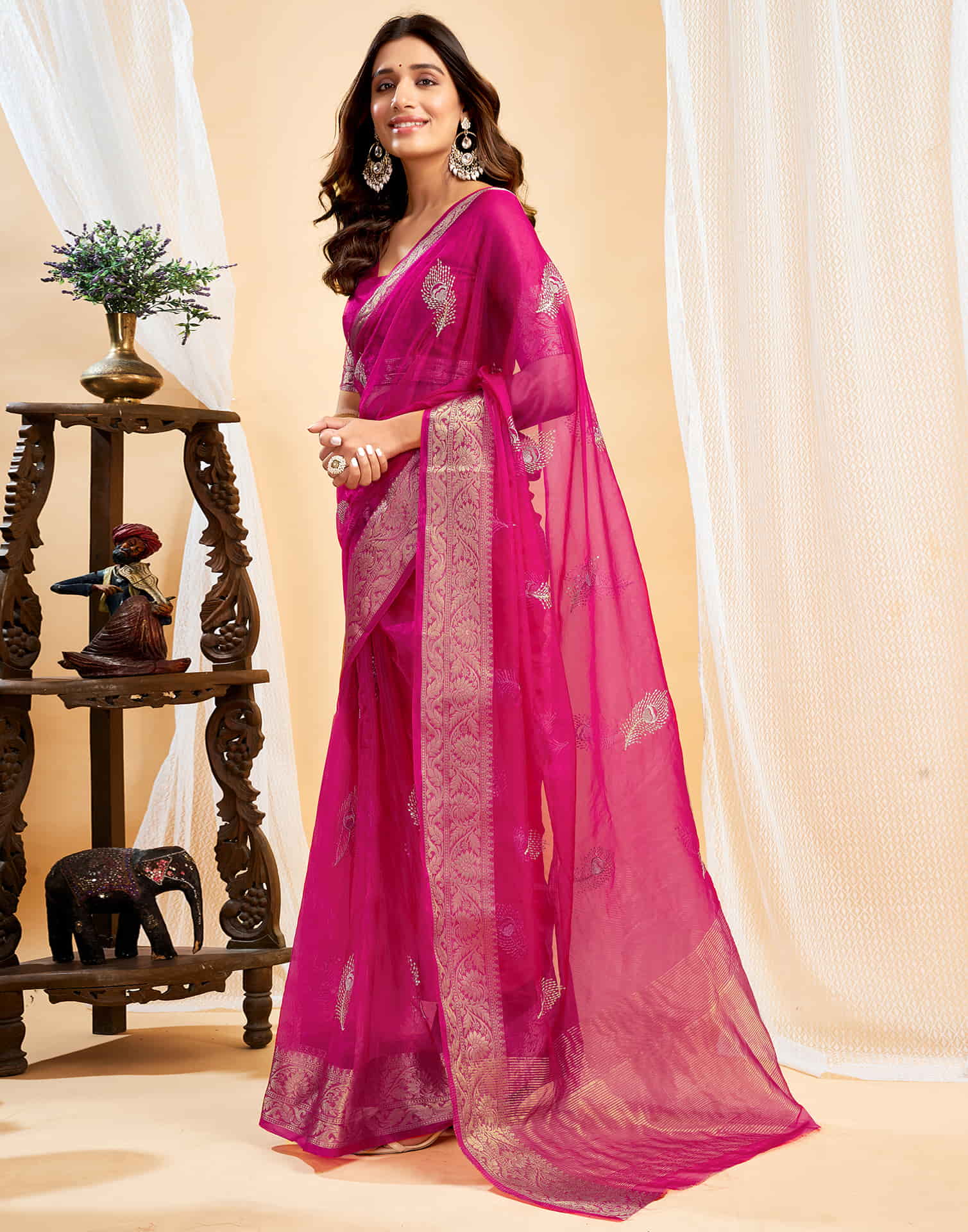 Rani Pink Organza Sequence  Embroidery Saree