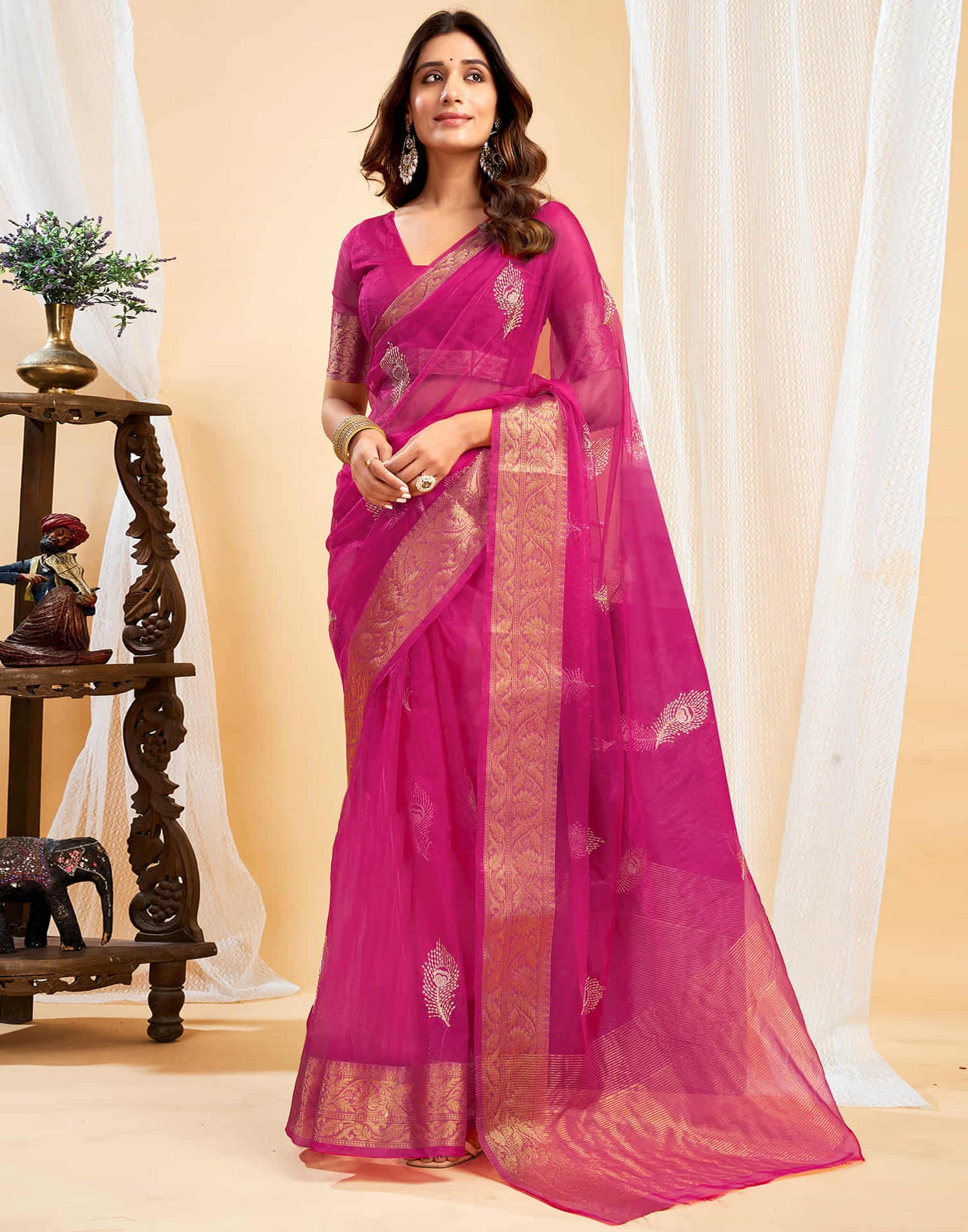 Rani Pink Organza Sequence  Embroidery Saree