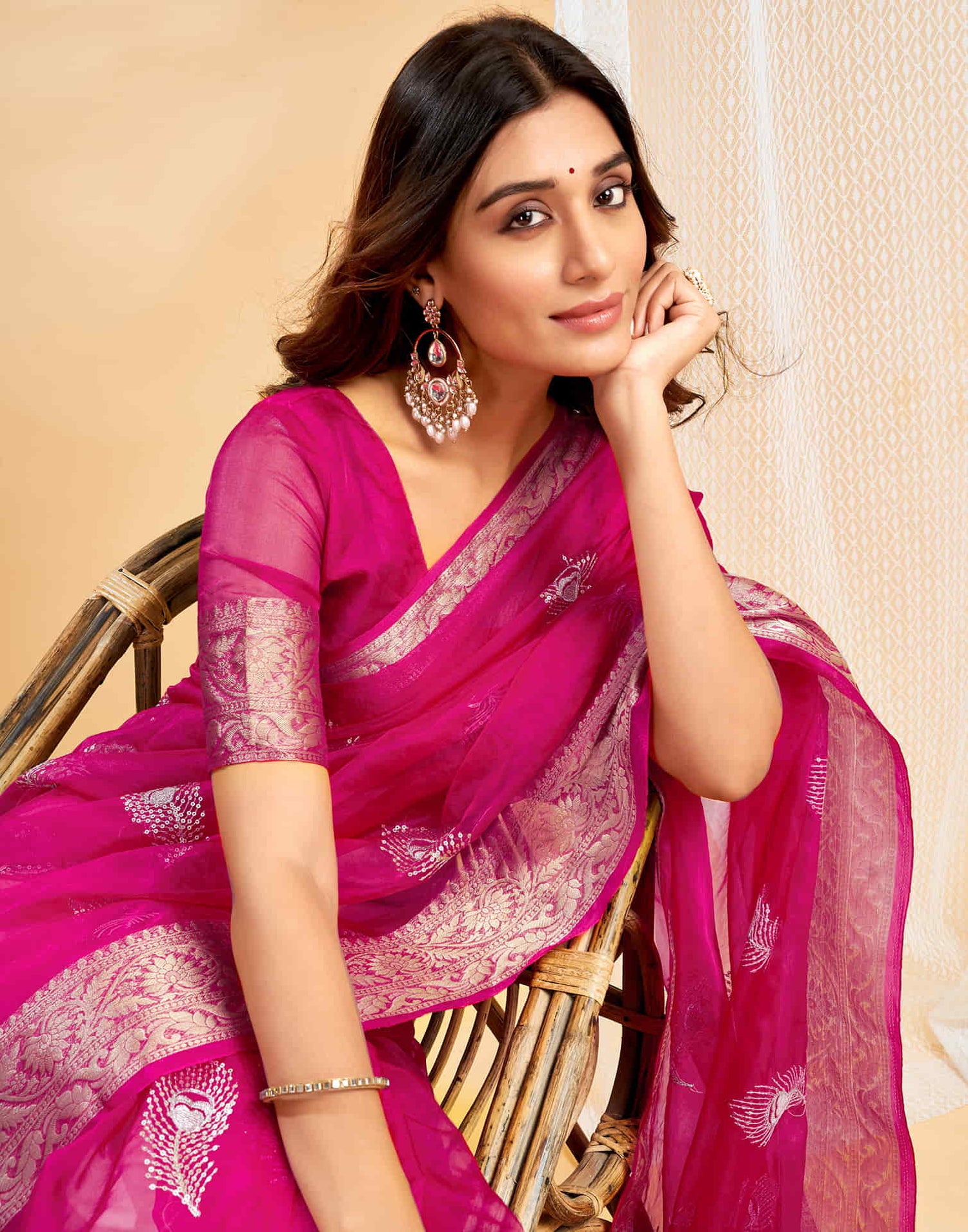 Rani Pink Organza Sequence  Embroidery Saree