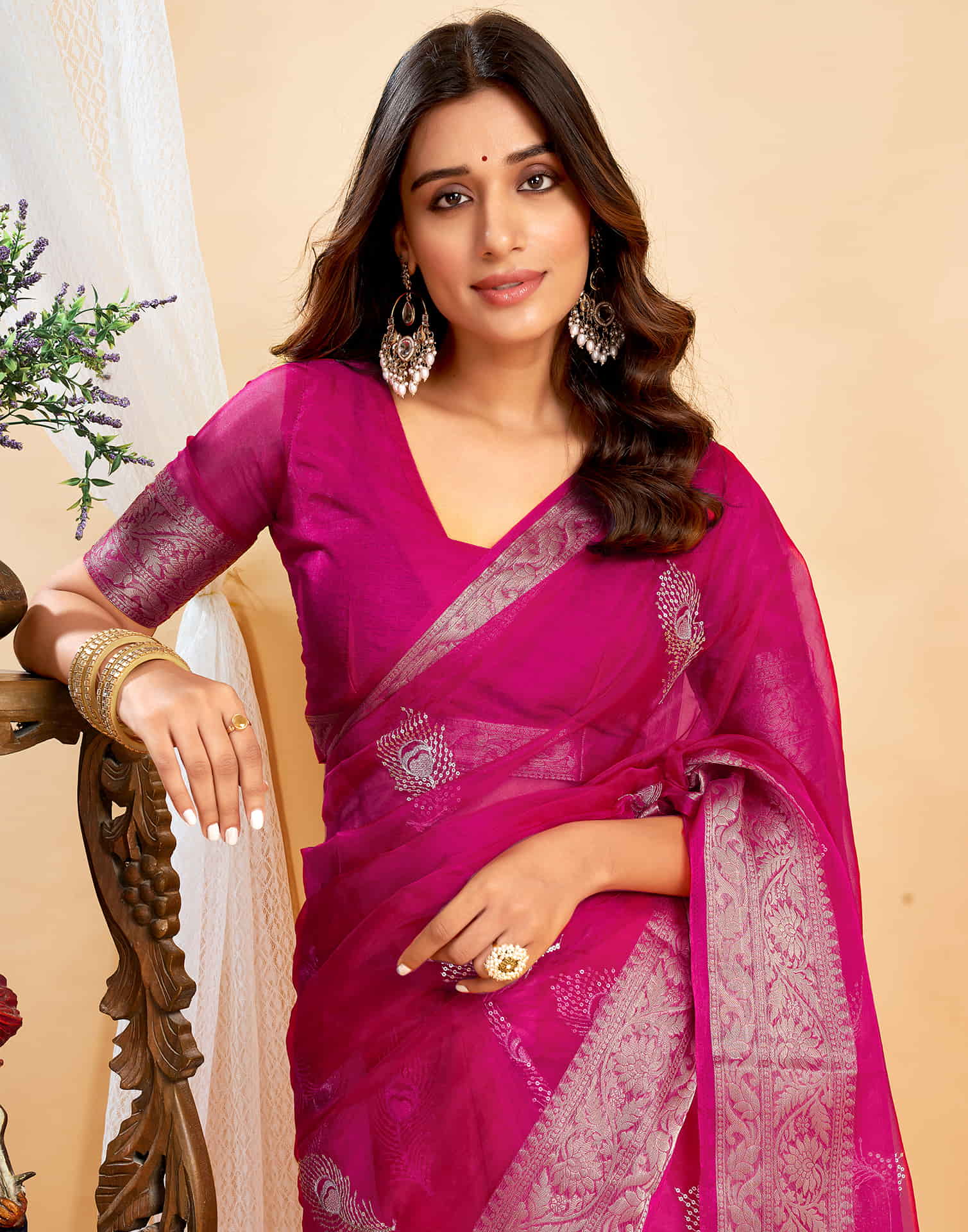 Rani Pink Organza Sequence  Embroidery Saree