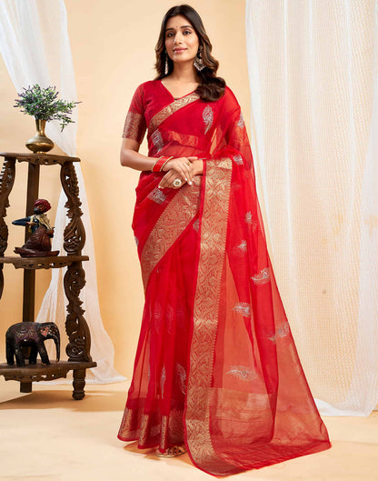 Red Organza Sequence  Embroidery Saree