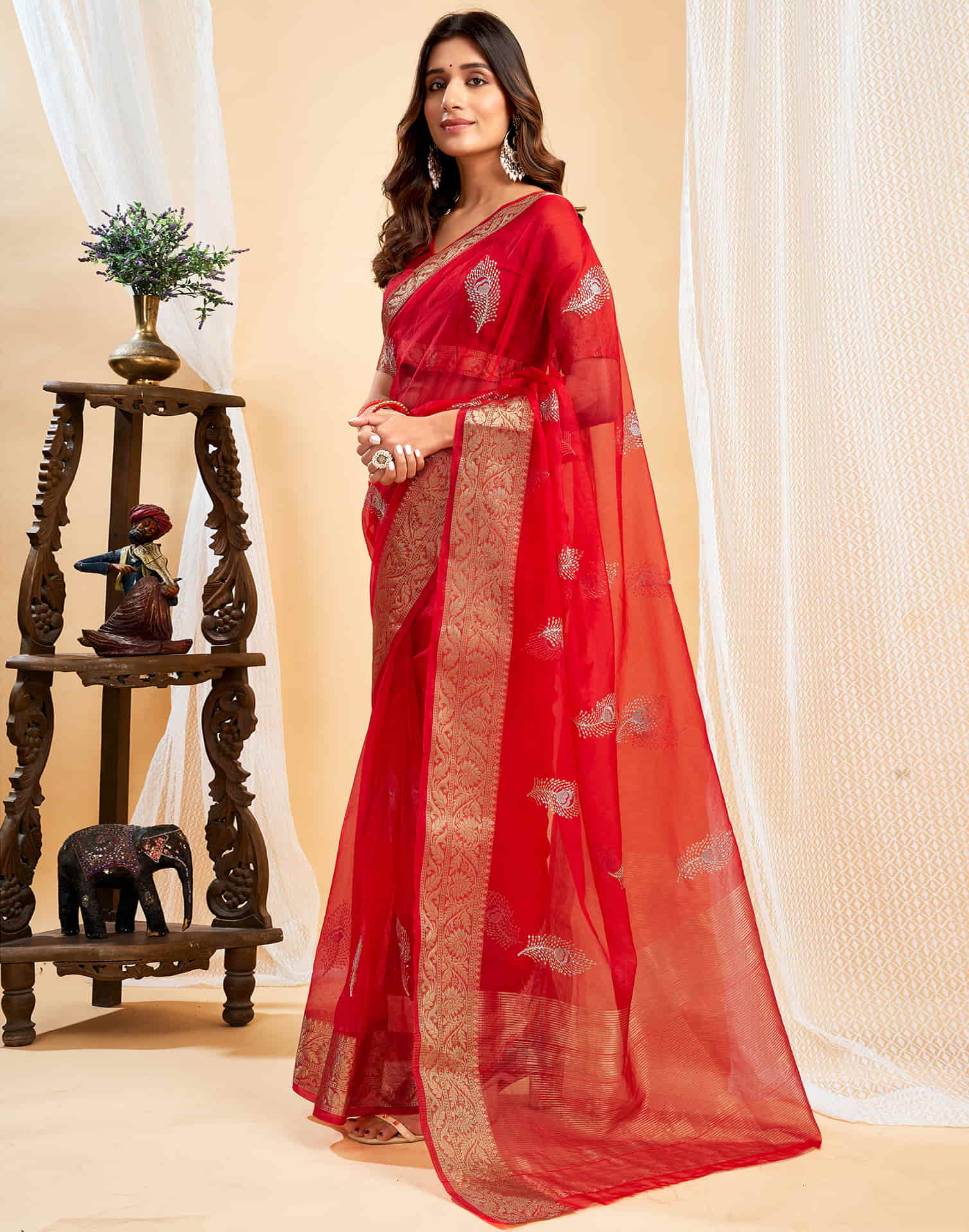 Red Organza Sequence  Embroidery Saree