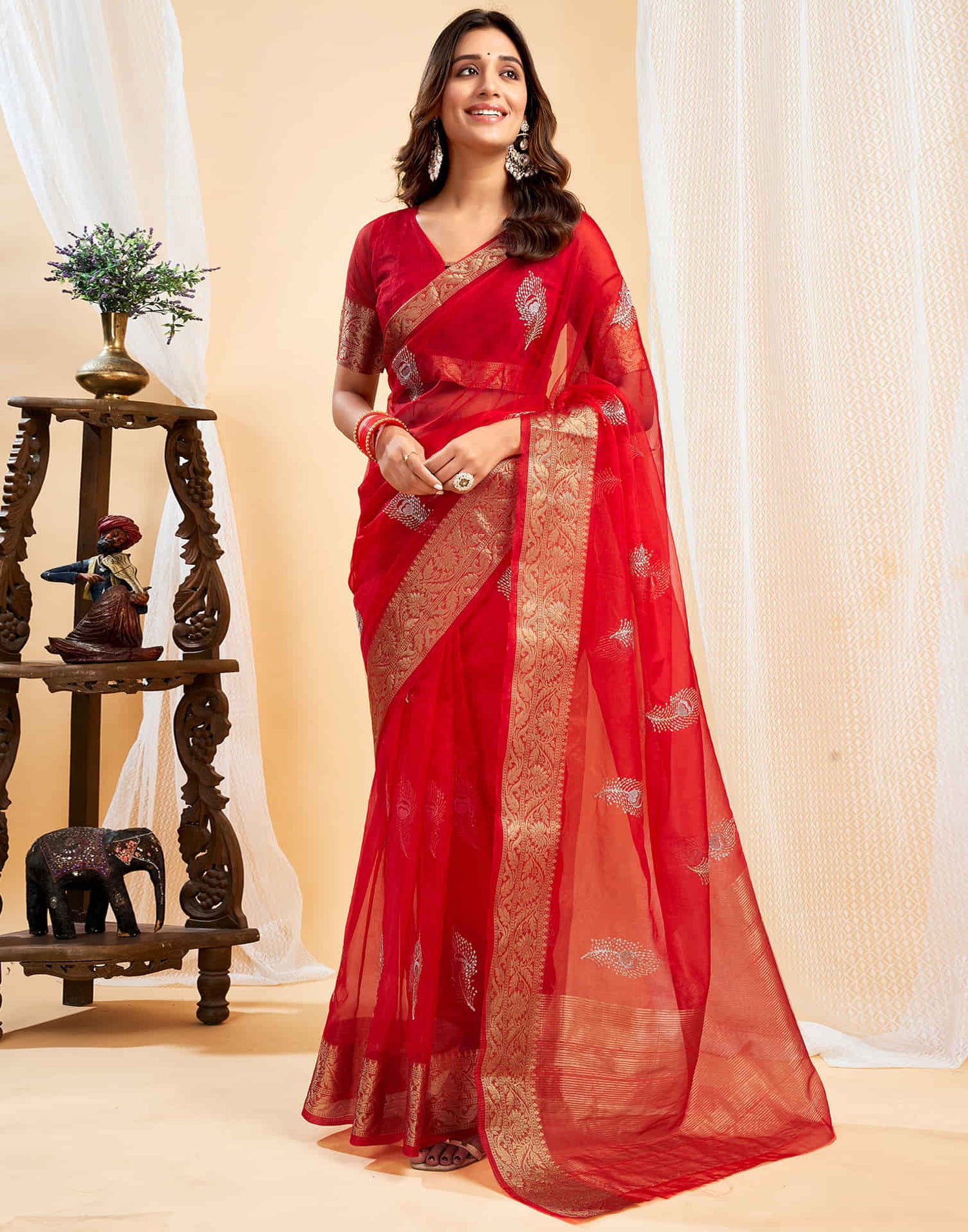 Red Organza Sequence  Embroidery Saree