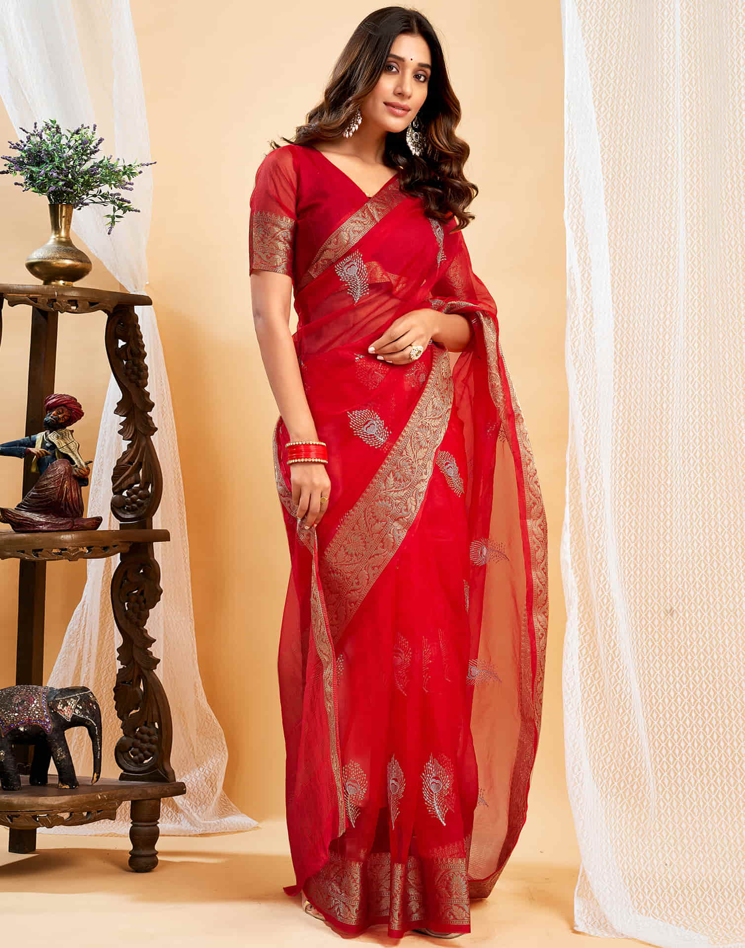 Red Organza Sequence  Embroidery Saree