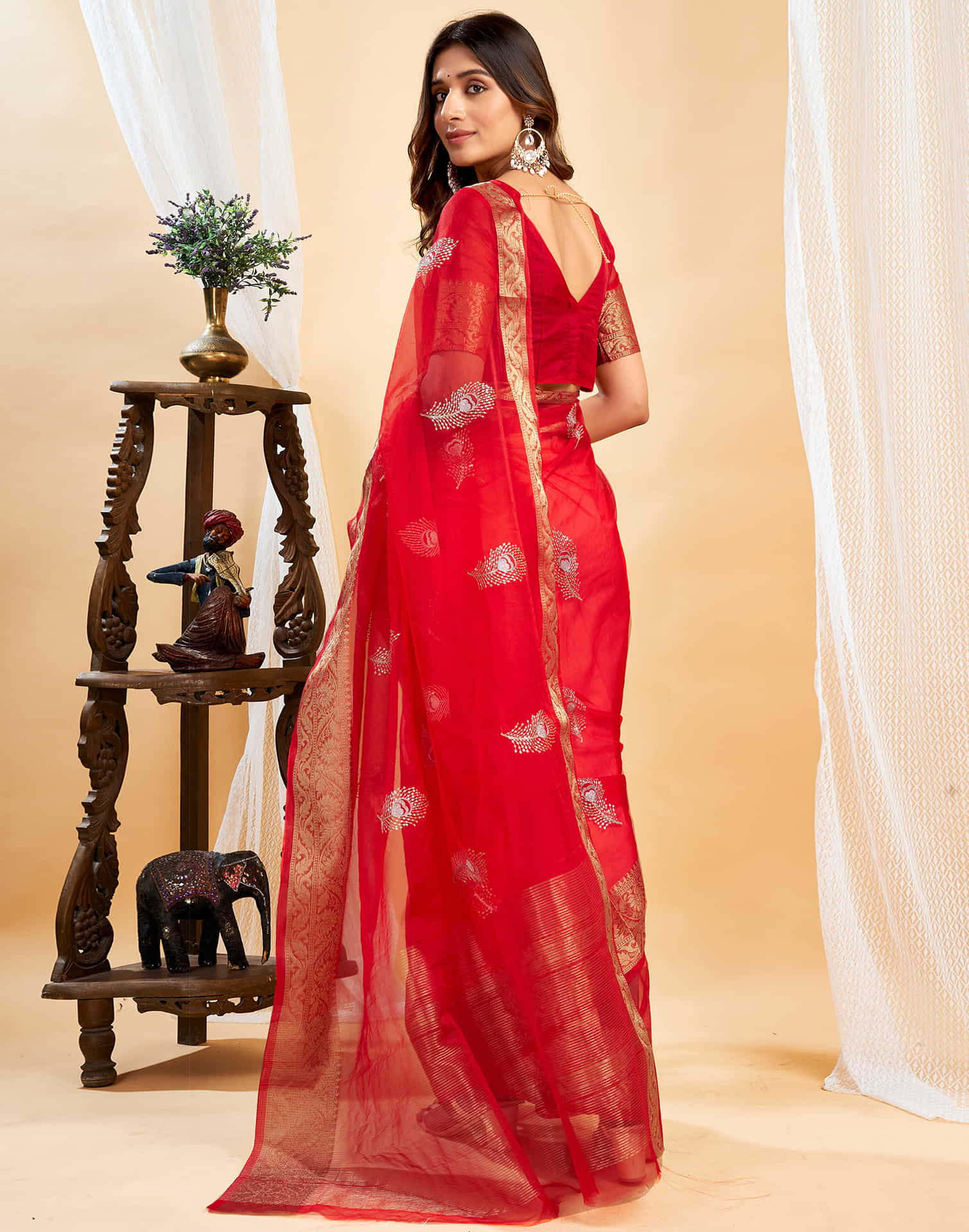 Red Organza Sequence  Embroidery Saree