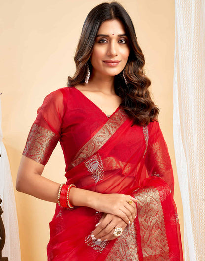 Red Organza Sequence  Embroidery Saree