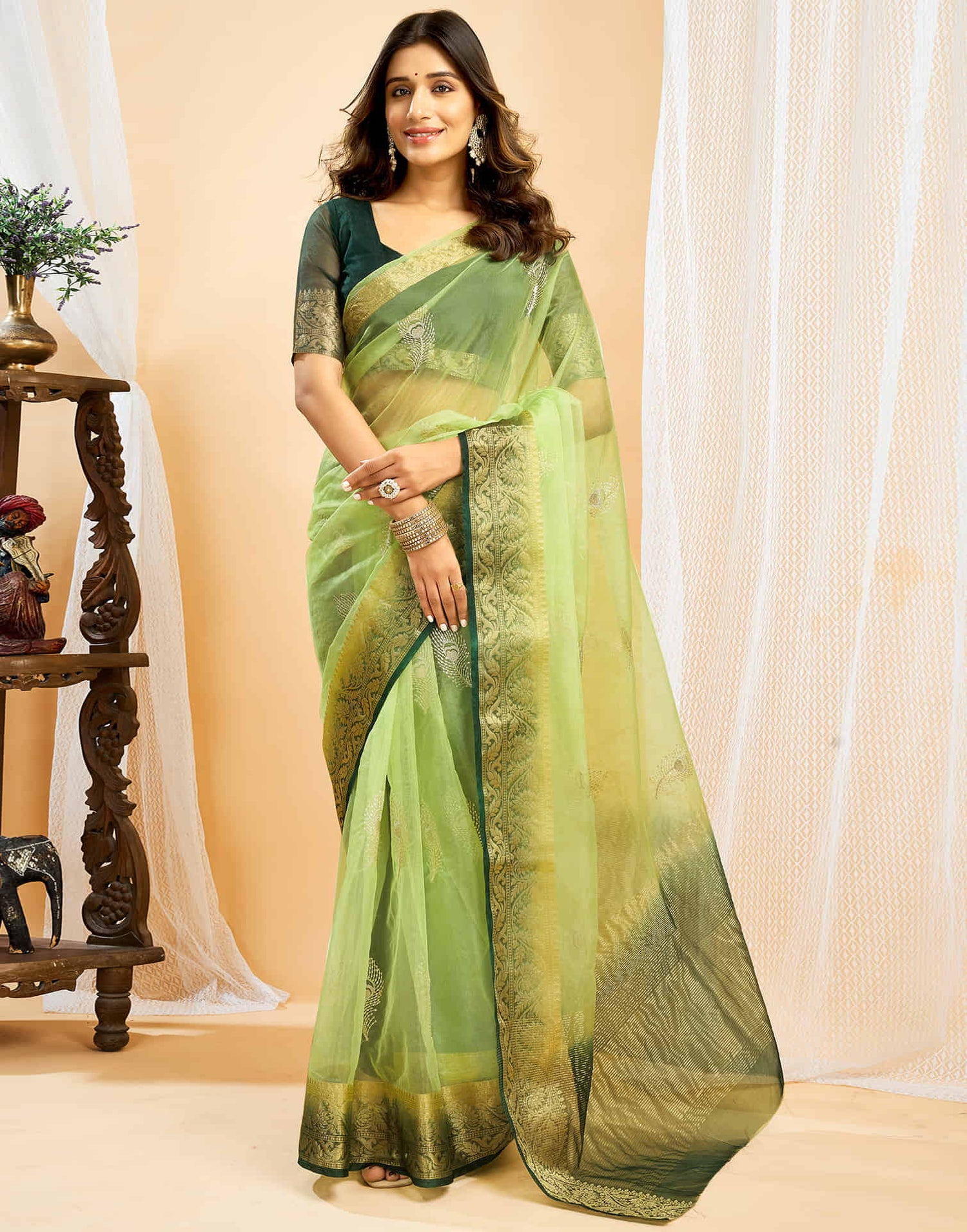 Light Pista Green Organza Sequence  Embroidery Saree