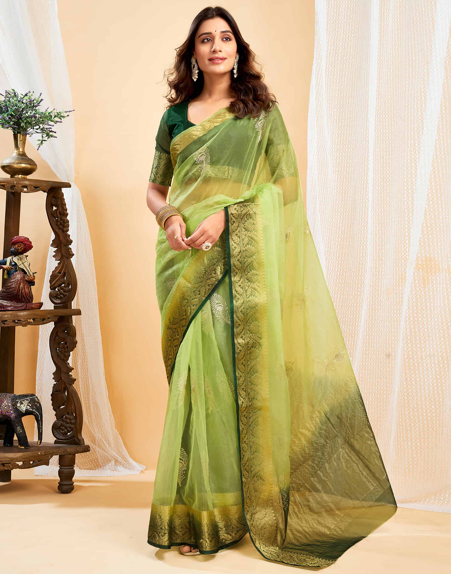 Light Pista Green Organza Sequence  Embroidery Saree