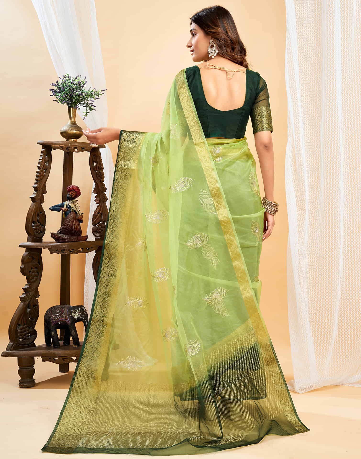 Light Pista Green Organza Sequence  Embroidery Saree