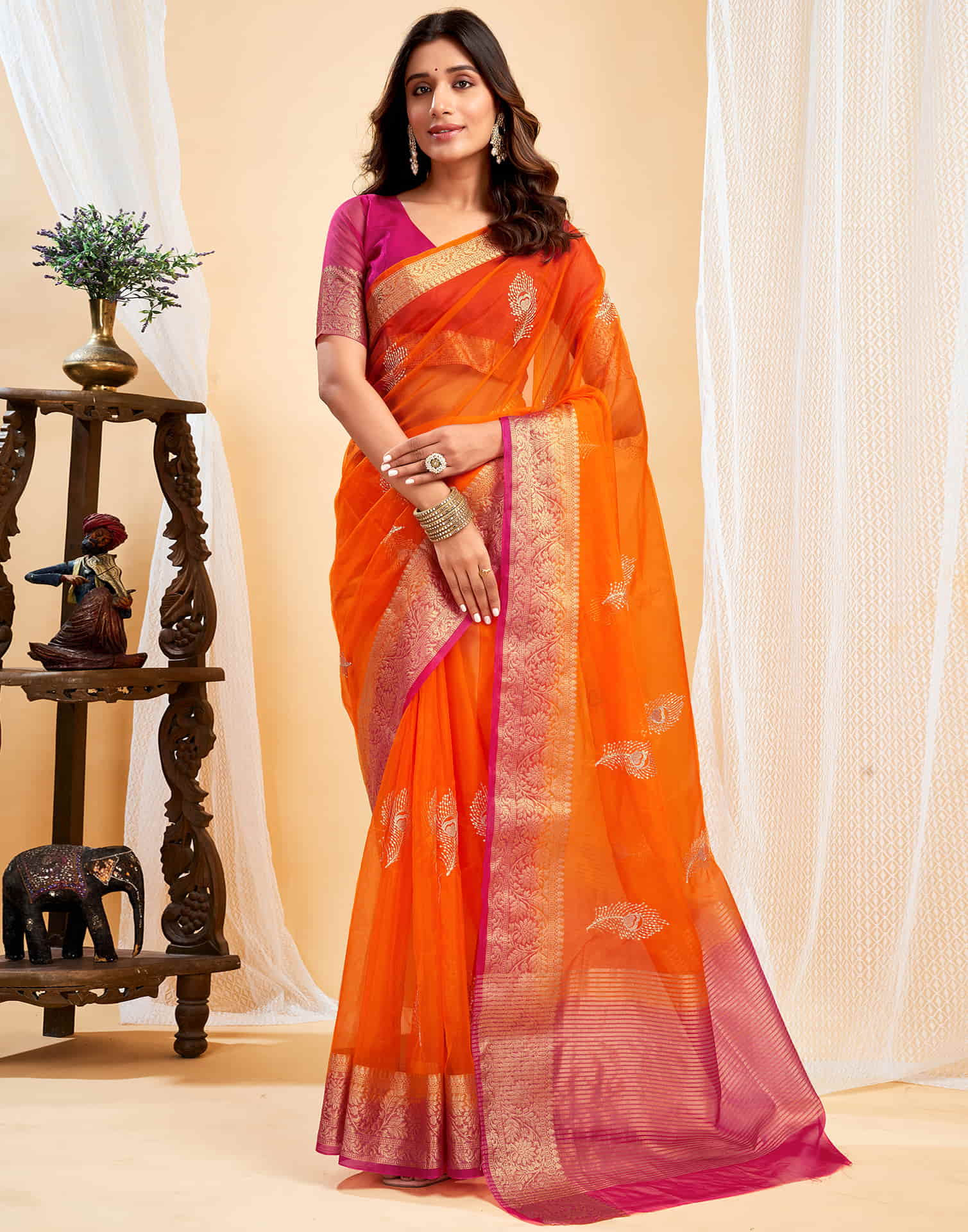 Orange Organza Sequence  Embroidery Saree