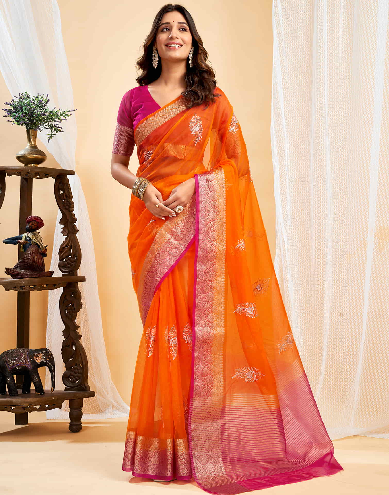 Orange Organza Sequence  Embroidery Saree