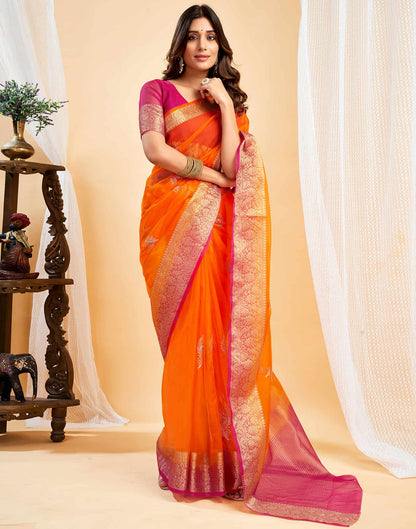 Orange Organza Sequence  Embroidery Saree