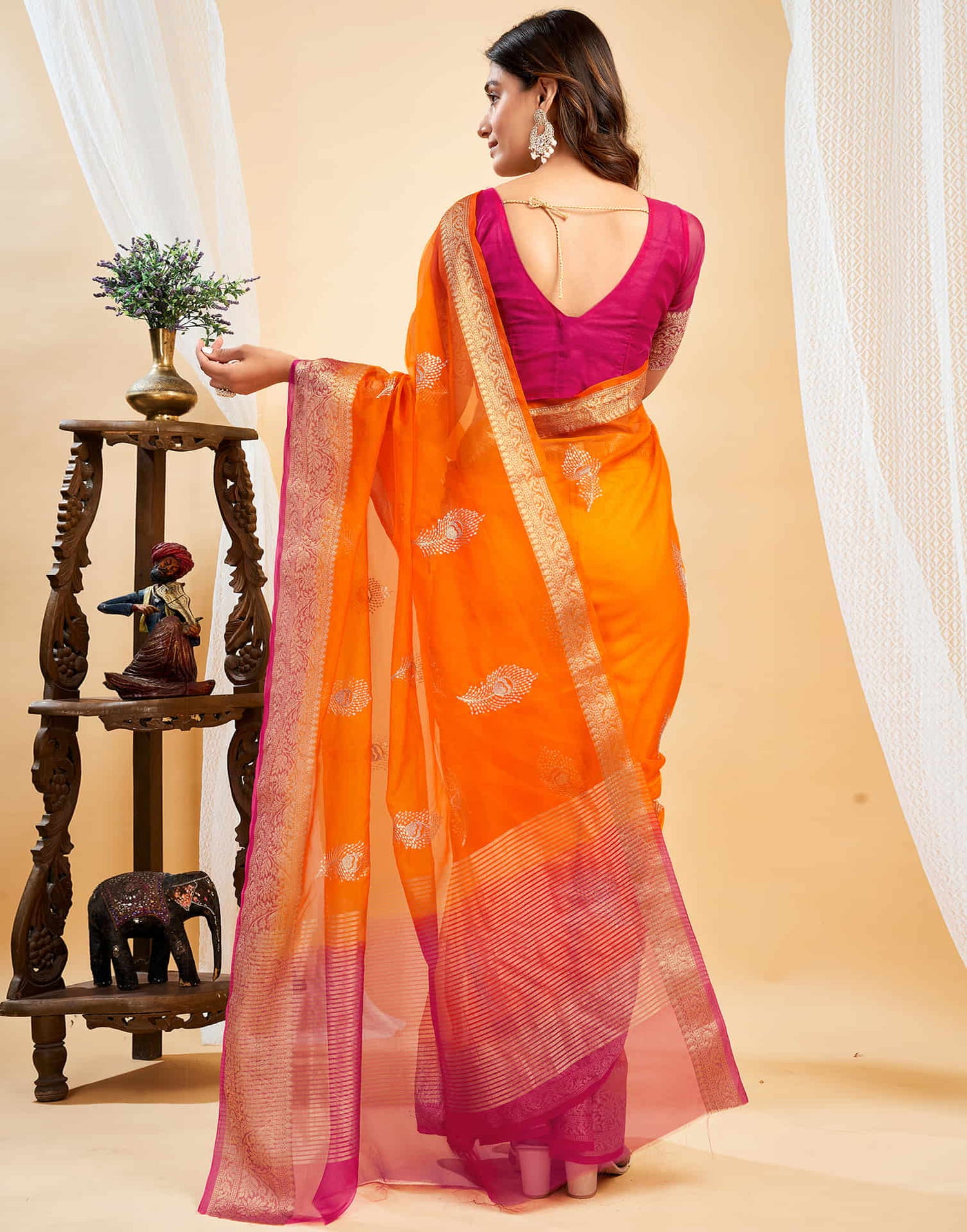 Orange Organza Sequence  Embroidery Saree