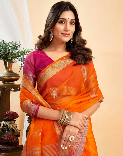 Orange Organza Sequence  Embroidery Saree