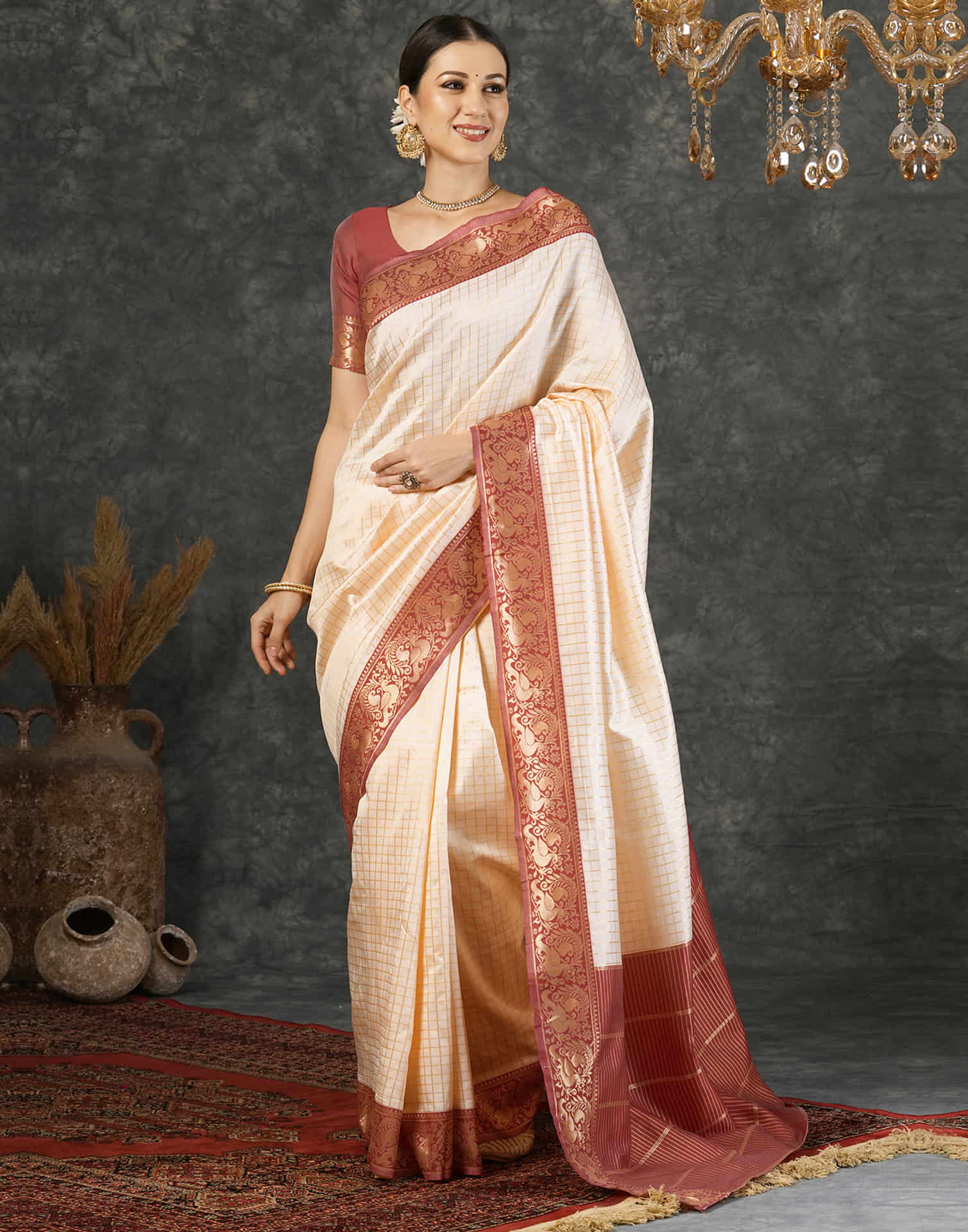 Cream Silk Weaving Kanjivaram Saree