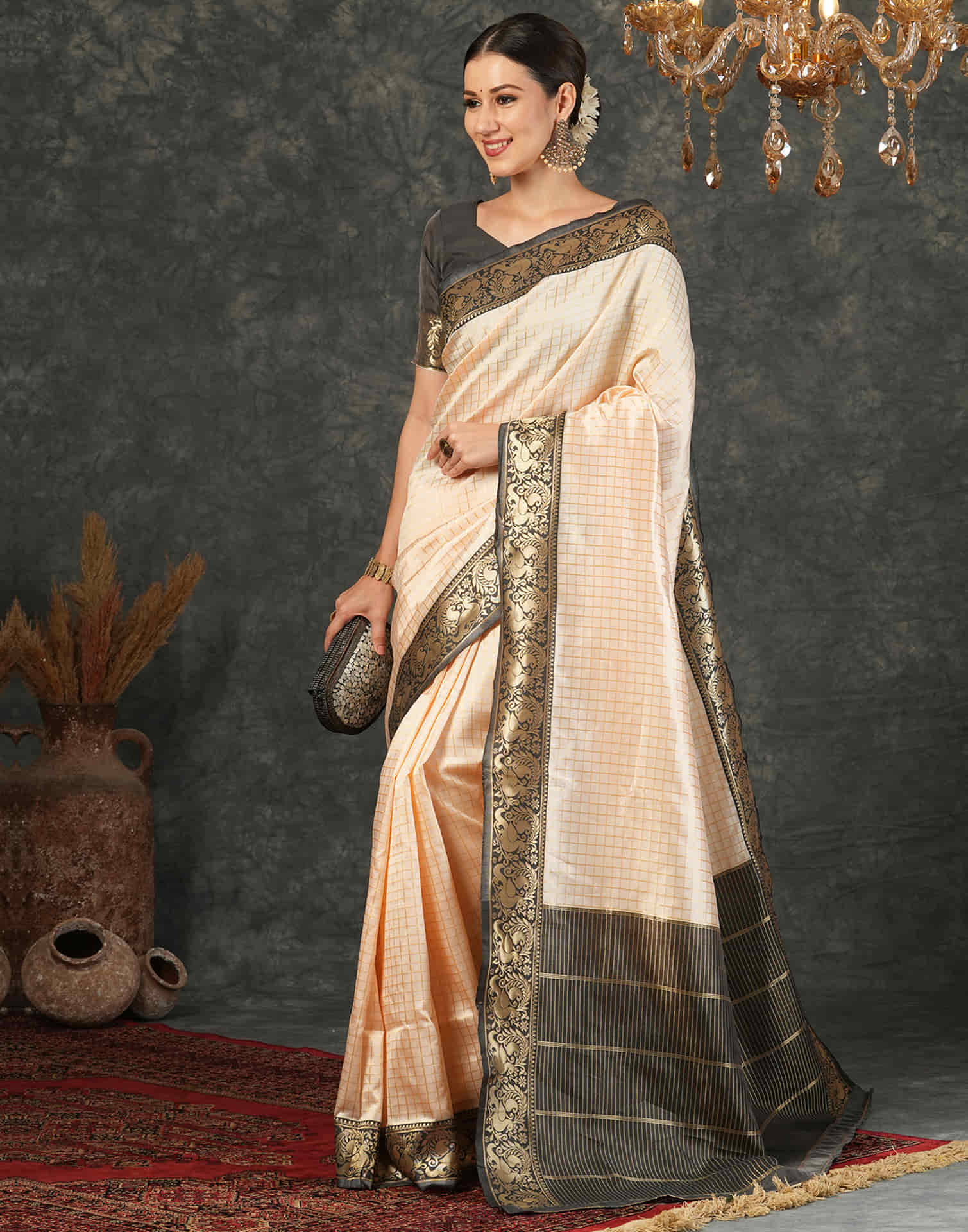 Cream Silk Weaving Kanjivaram Saree