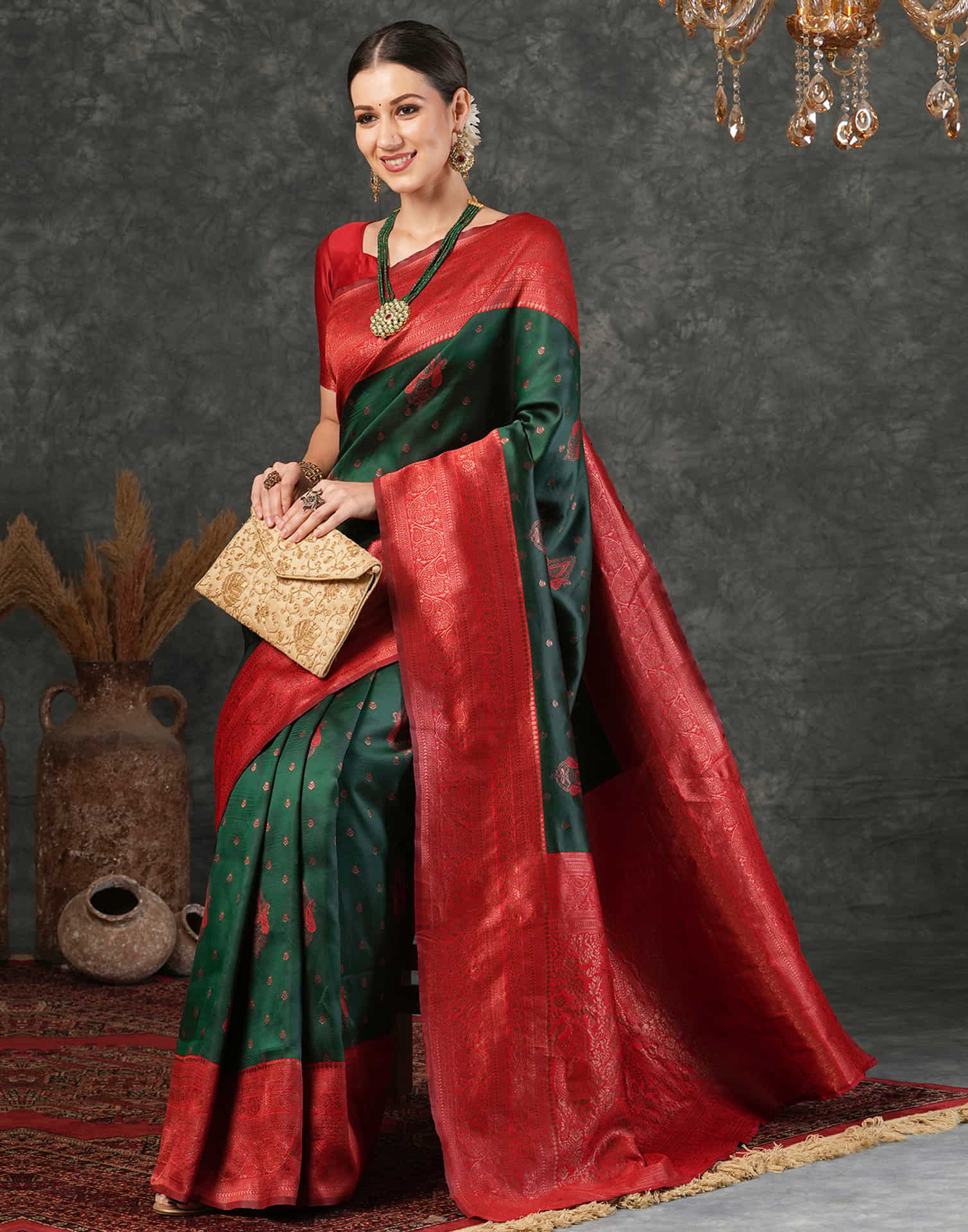 Dark Green Silk Weaving Kanjivaram Saree