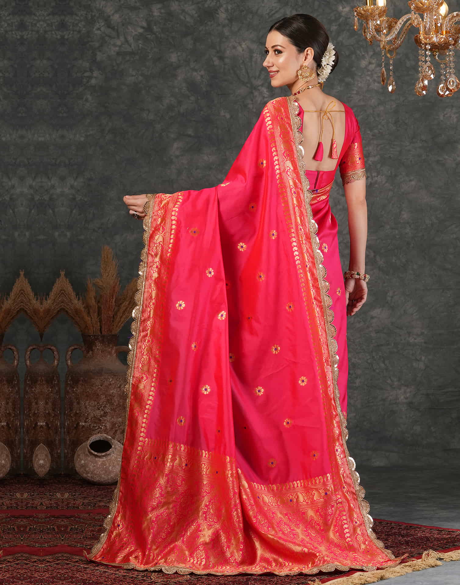 Bright Pink Silk Weaving Banarasi Saree