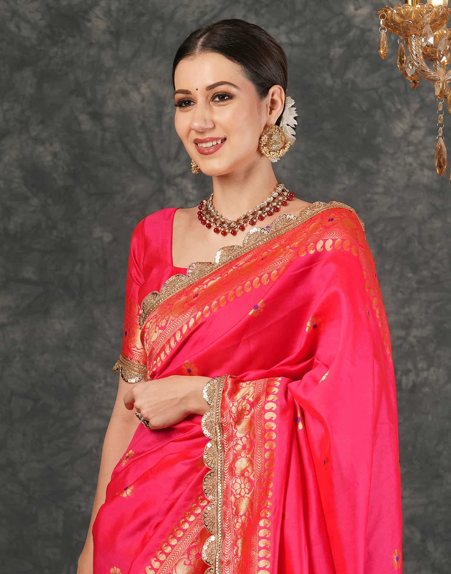 Bright Pink Silk Weaving Banarasi Saree