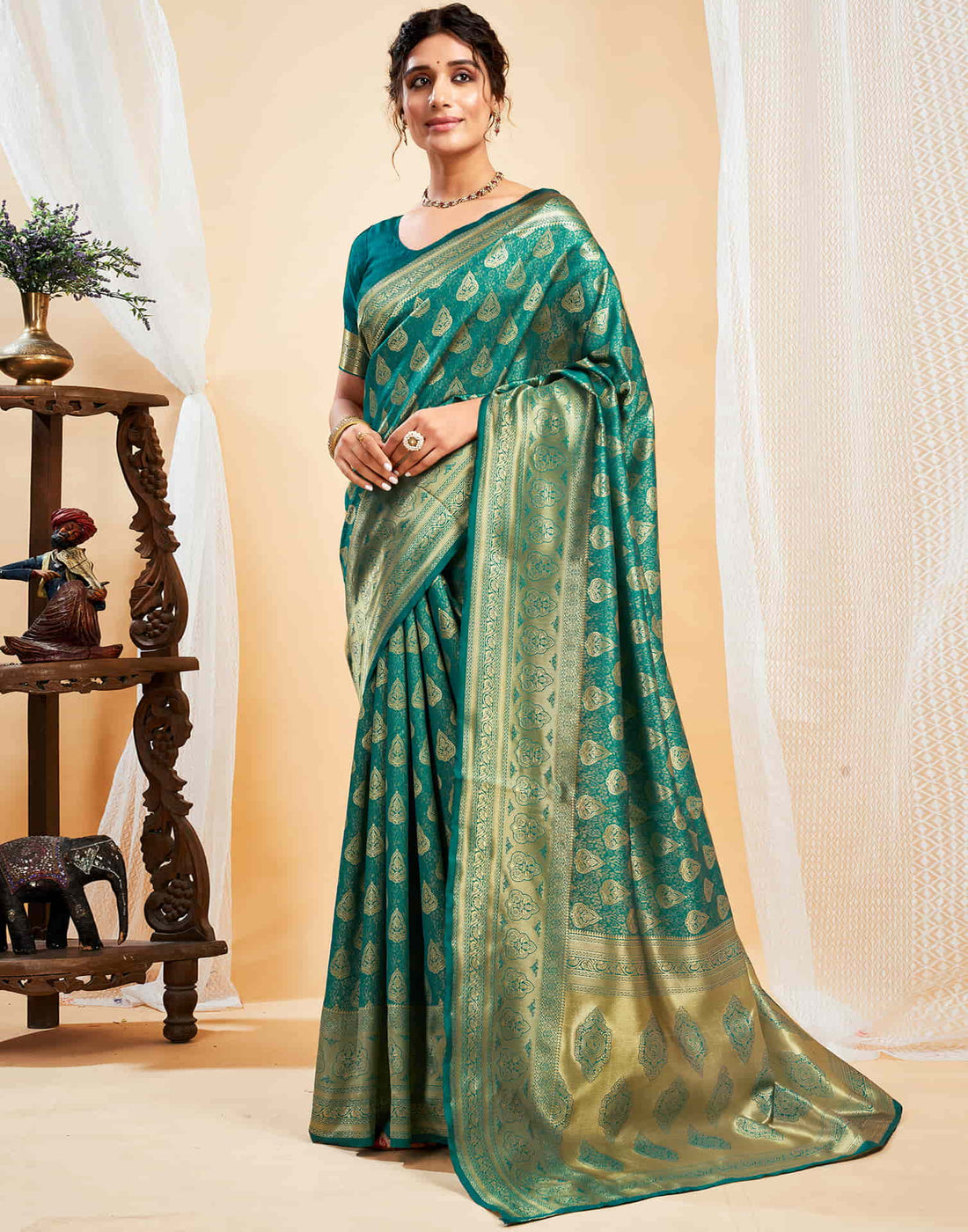 Teal Green Silk Woven Banarasi Saree