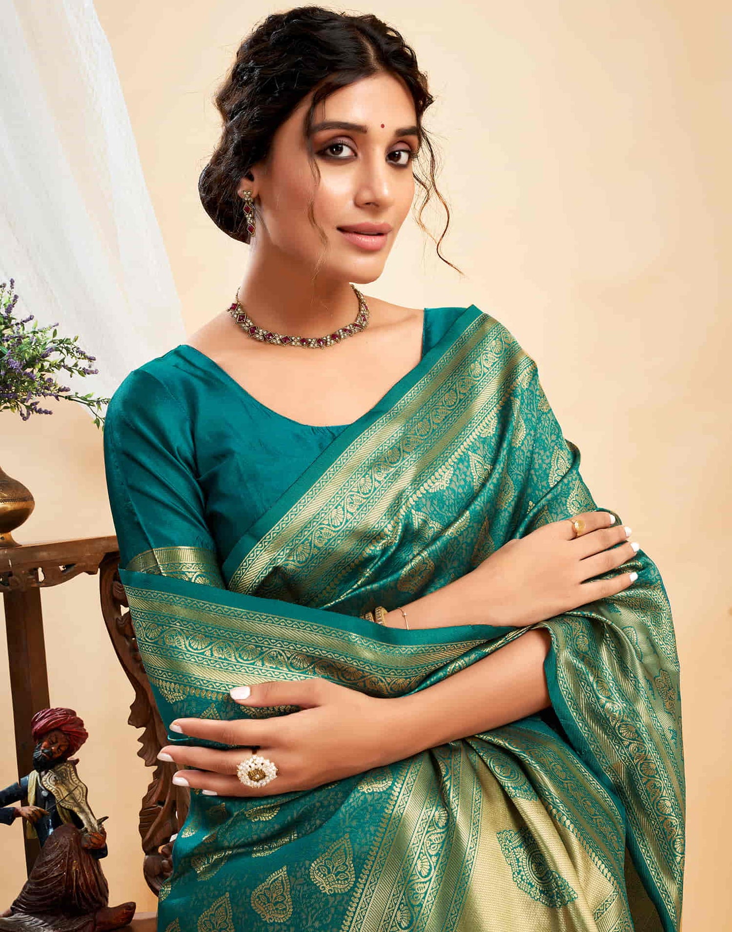 Green Silk Blend Woven Banarasi Saree