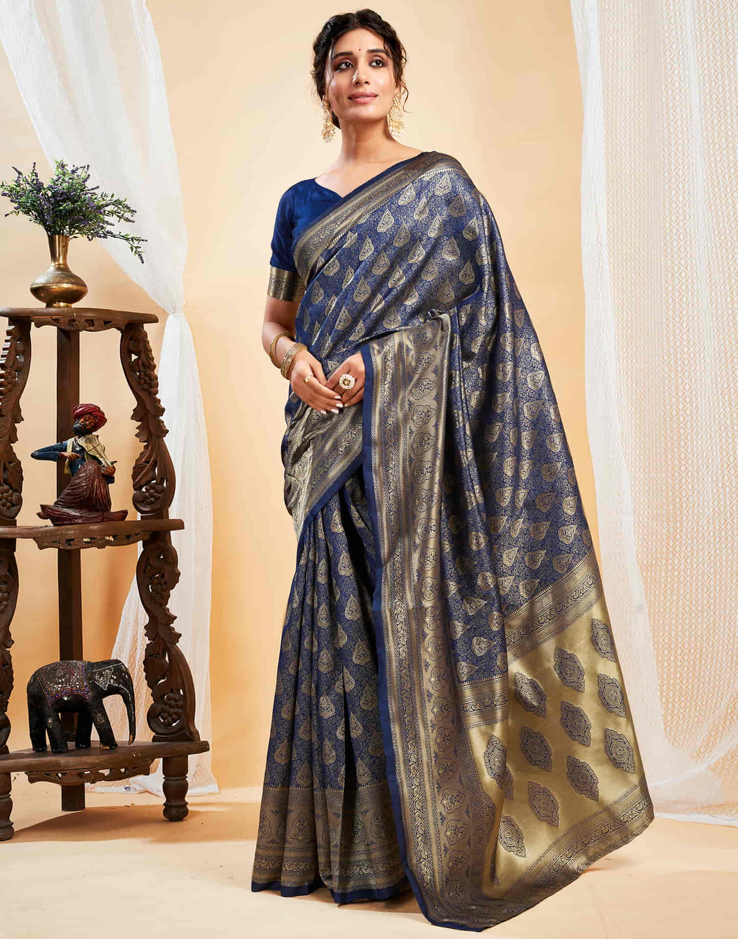 Blue Silk Blend Woven Banarasi Saree