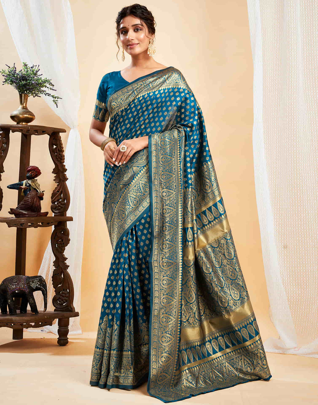 Teal Blue Silk Woven Banarasi Saree