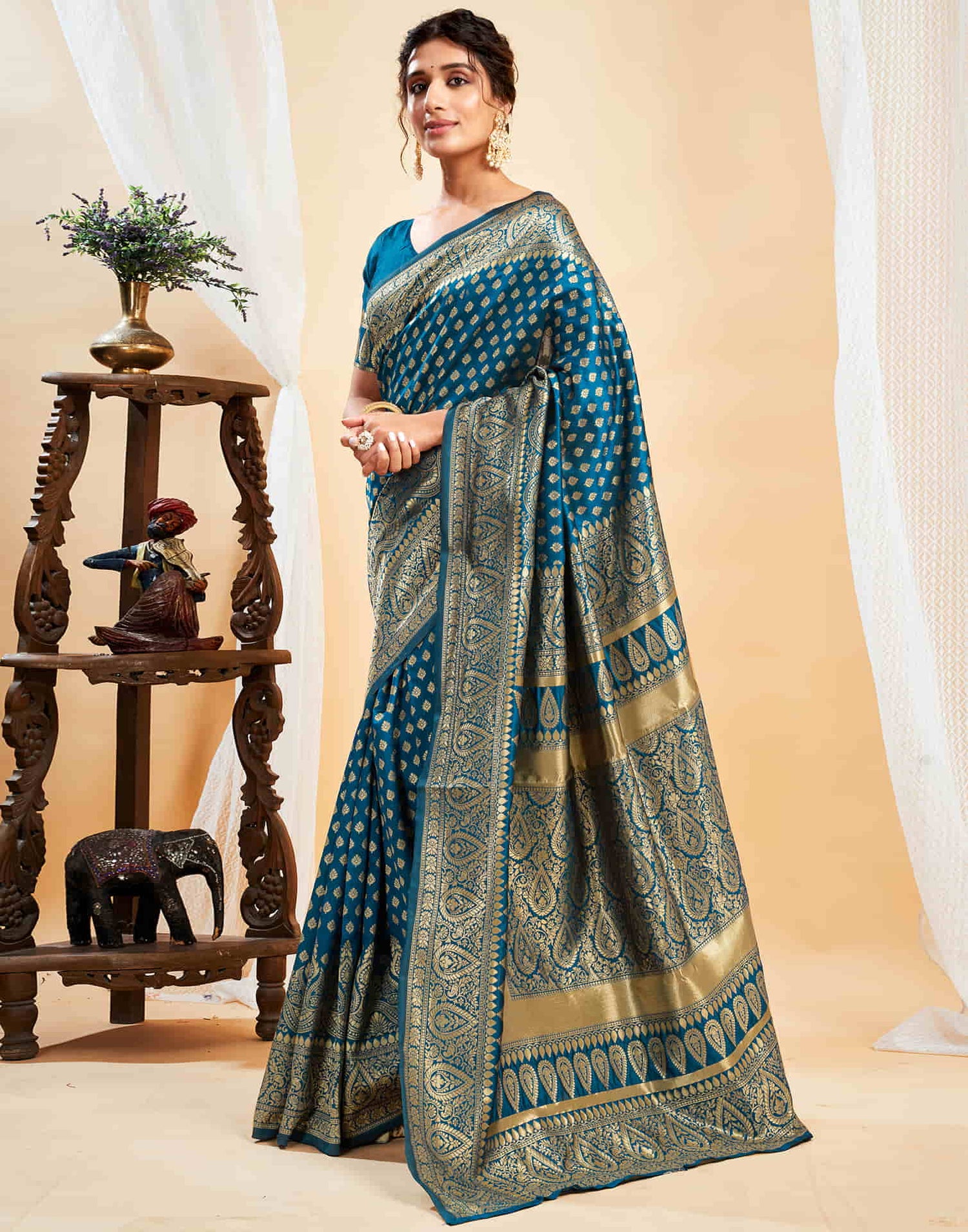 Blue Silk Blend Woven Banarasi Saree