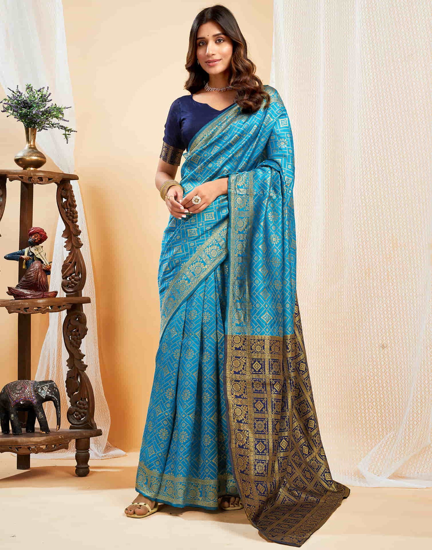 Teal Blue Silk Weaving Banarasi Saree