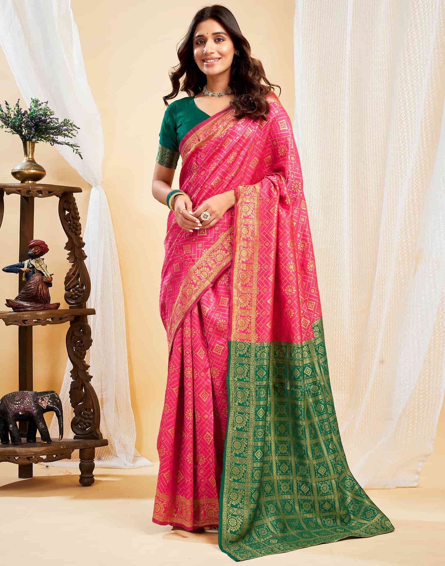 Hot Pink Silk Weaving Banarasi Saree